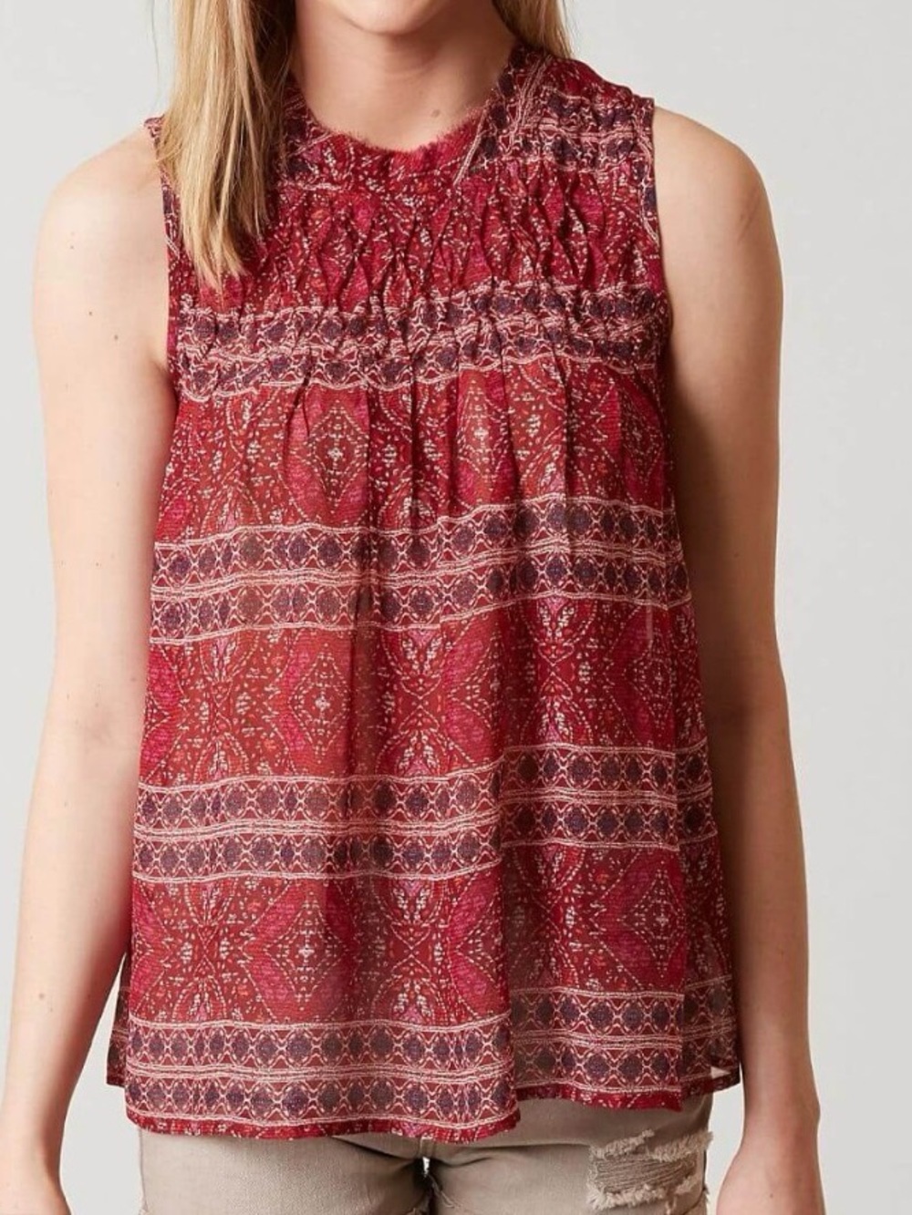 Lucky Brand Red Patterned Smocked Neck Sleeveless Top